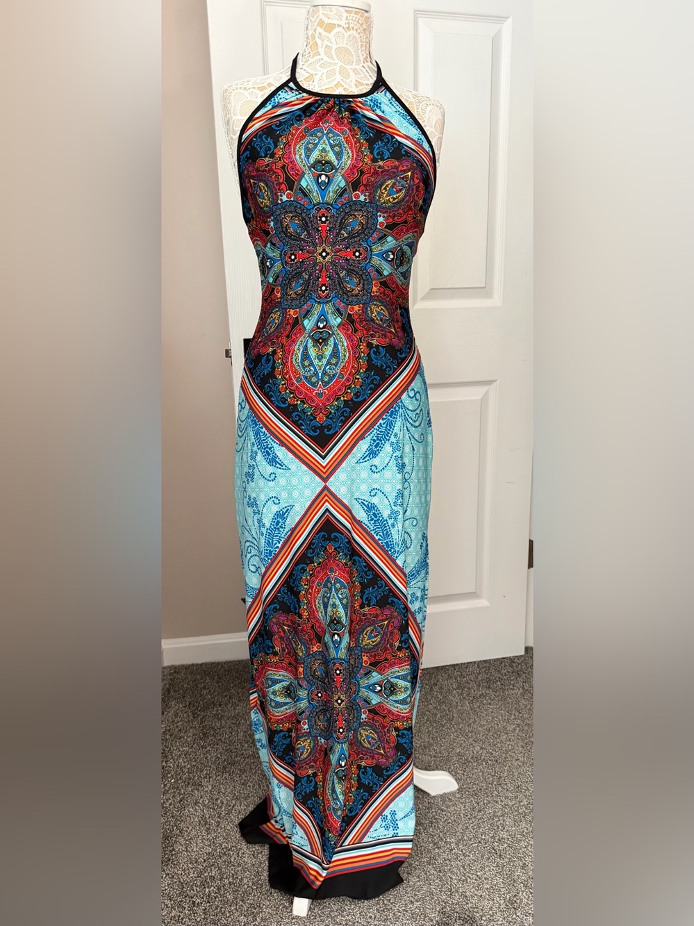 Halter Maxi Dress in Turquoise & Red Paisley